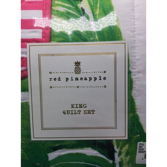 NIB Red Pineapple King Quilt Set Nosara Leaf and Pink King Quilt - Picture 6 of 8
